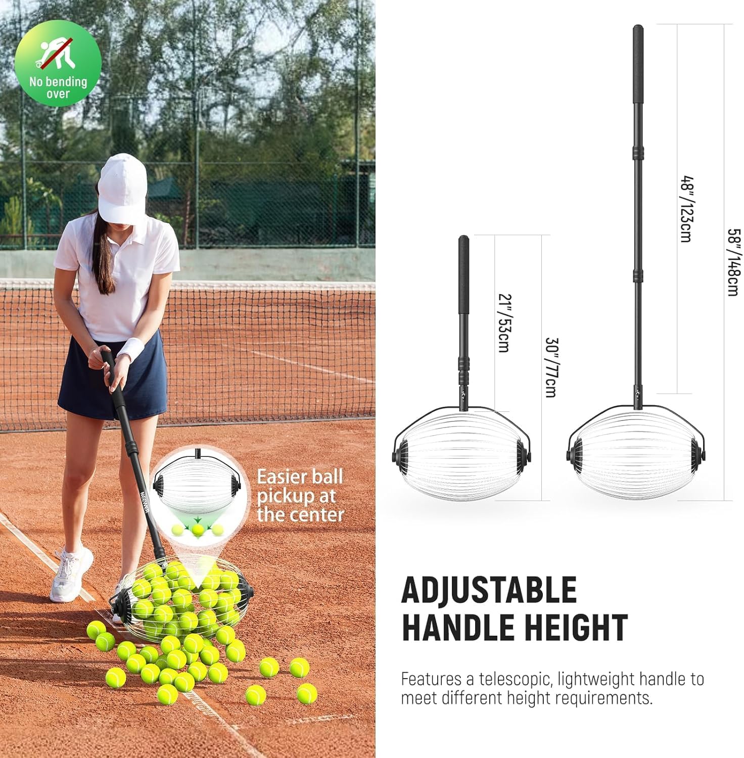 Thumbnail 2 de NEEWER Ramasse-balles de tennis télescopique TB01S (77 à 148 cm), panier à roulettes pour env. 40 balles