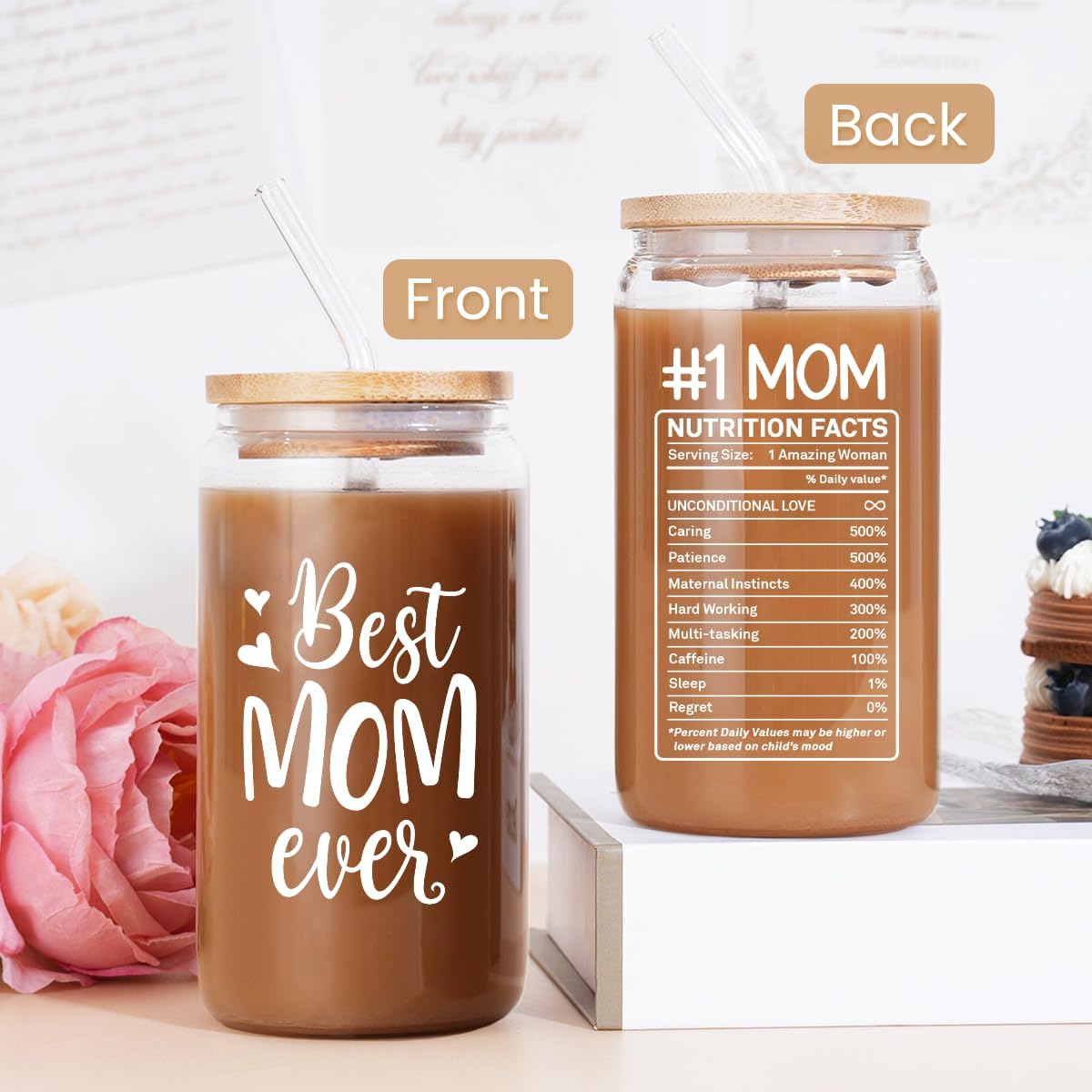 Thumbnail 3 de SANDJEST 16 oz Glass Coffee Cup with Bamboo Lid & Straw – Gifts for Mom from Daughter or Son