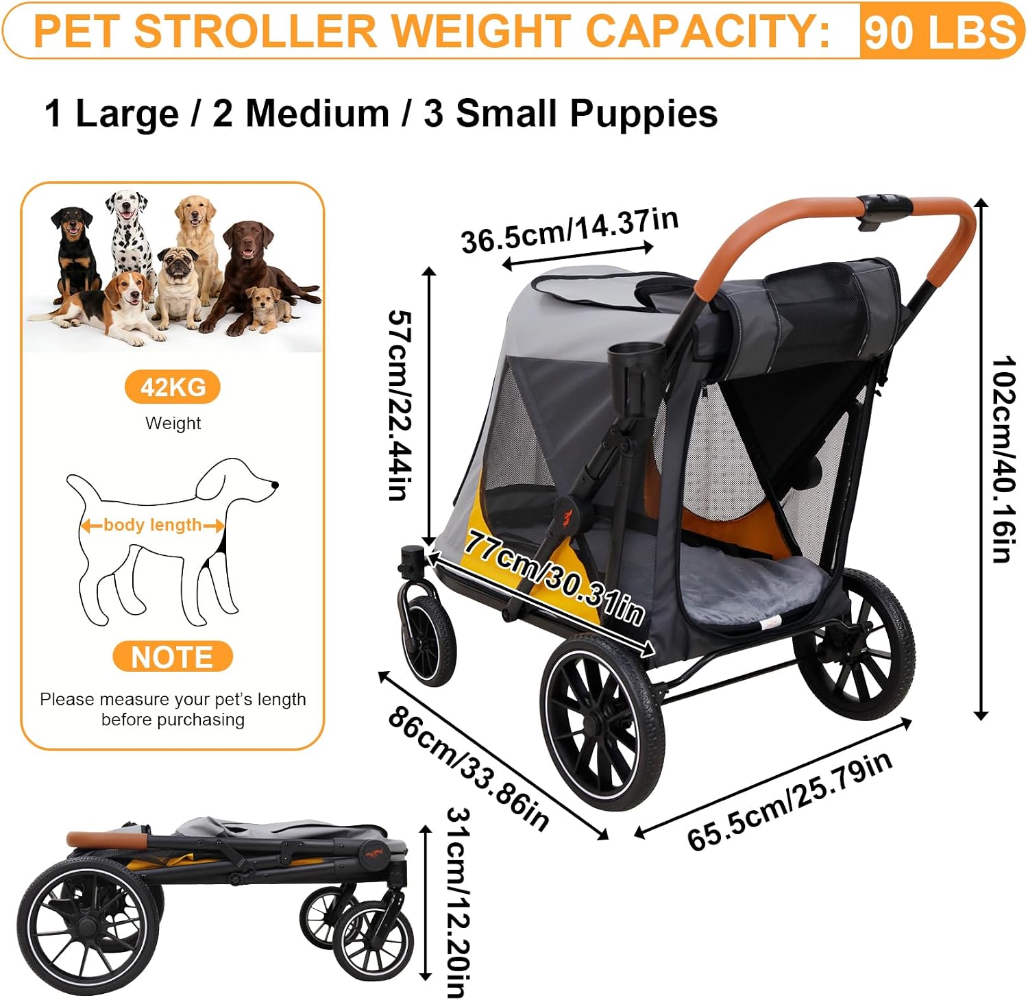 Thumbnail 4 de BingoPaw Large Dog Stroller (Up to 42kg): Portable Outdoor Foldable Pram with One-Click Fold, Dual Entry and Storage