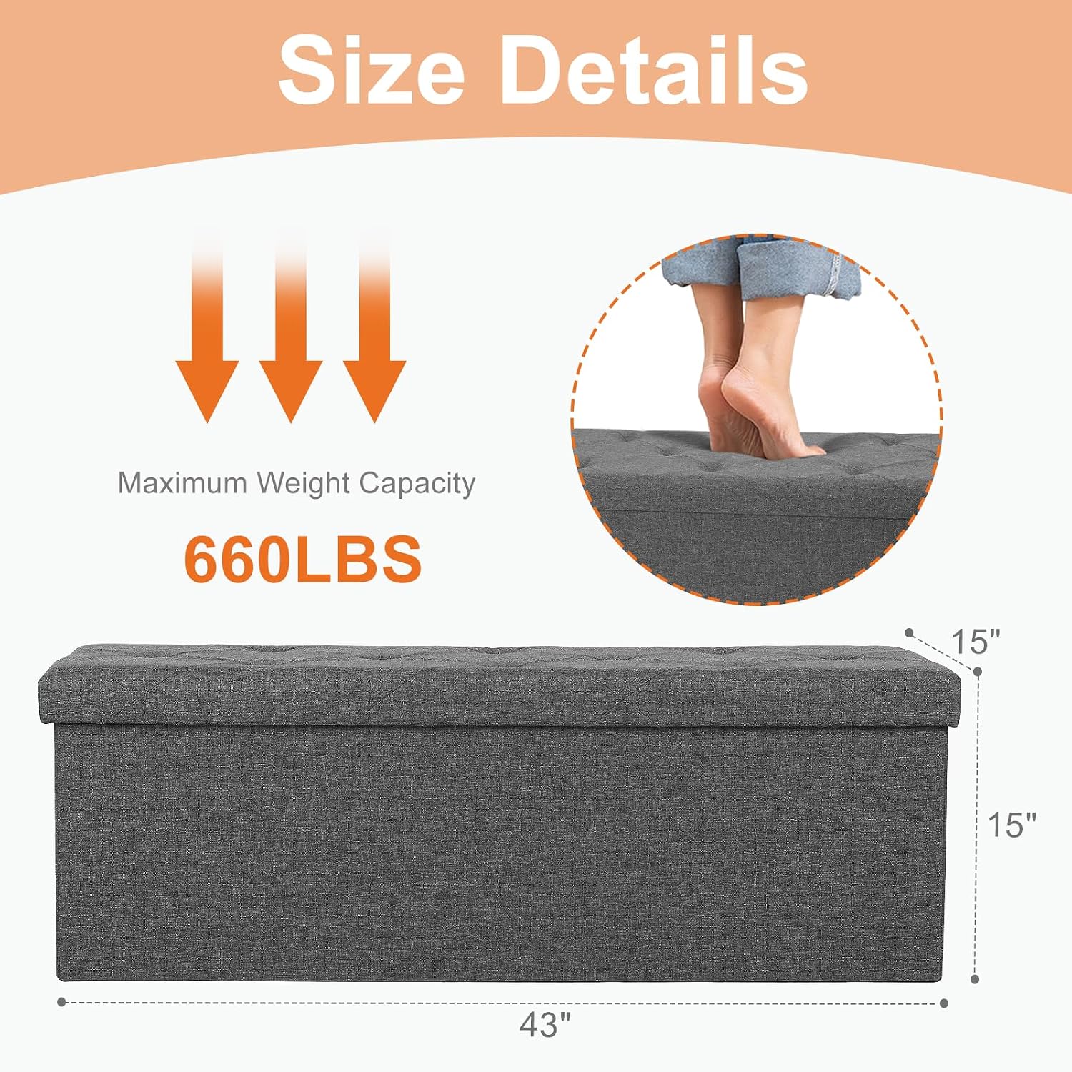 Detalle de Sweetcrispy Storage Ottoman Bench, 43-Inch