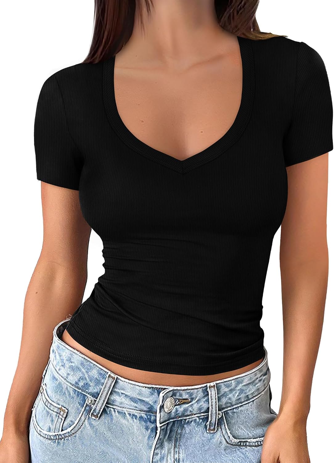 Thumbnail 1 de Sampeel Women's V-Neck Short Sleeve Ribbed Tee – Slim Fit Summer Essential