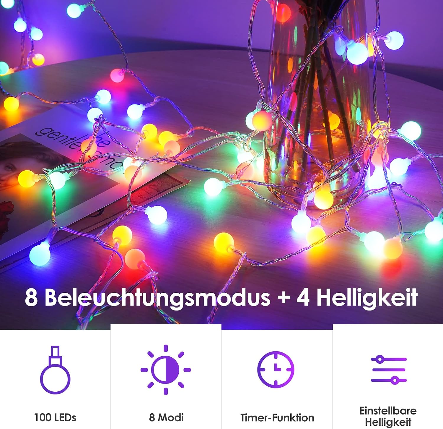 Detalle 2 de 200 LED RGB Lichterkette (27 m) mit Timer & Fernbedienung, IP44 – strombetrieben für Garten & innen