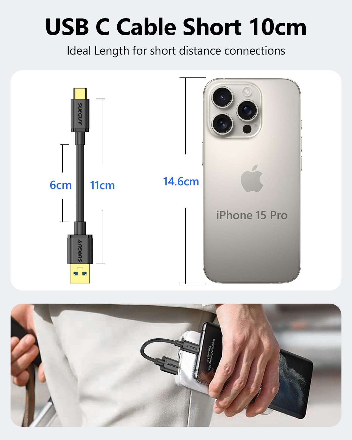Thumbnail 1 de SUNGUY USB-C Kabel kurz 10 cm (USB C auf USB 3.1 Gen 2, 10 Gbit/s) für Powerbank, iPhone 16/15 Pro & Android