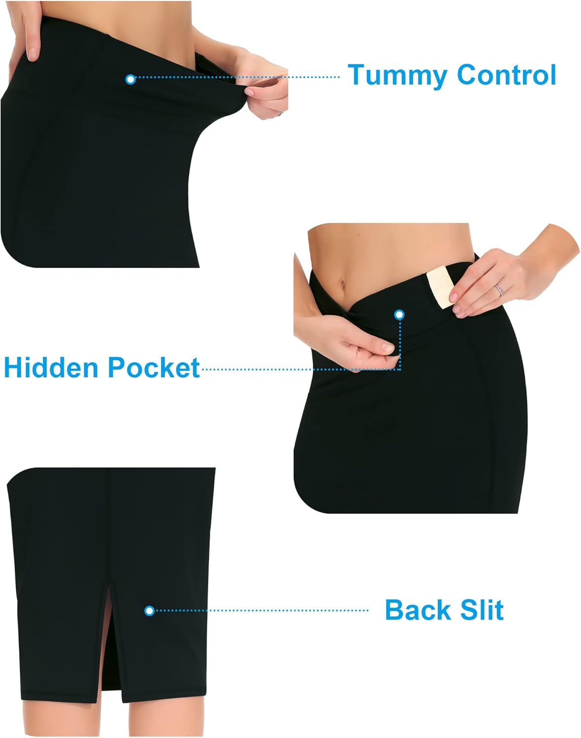 Detalle de THE GYM PEOPLE Jupe crayon taille haute extensible pour femme, midi moulant sous le genou avec fente dos