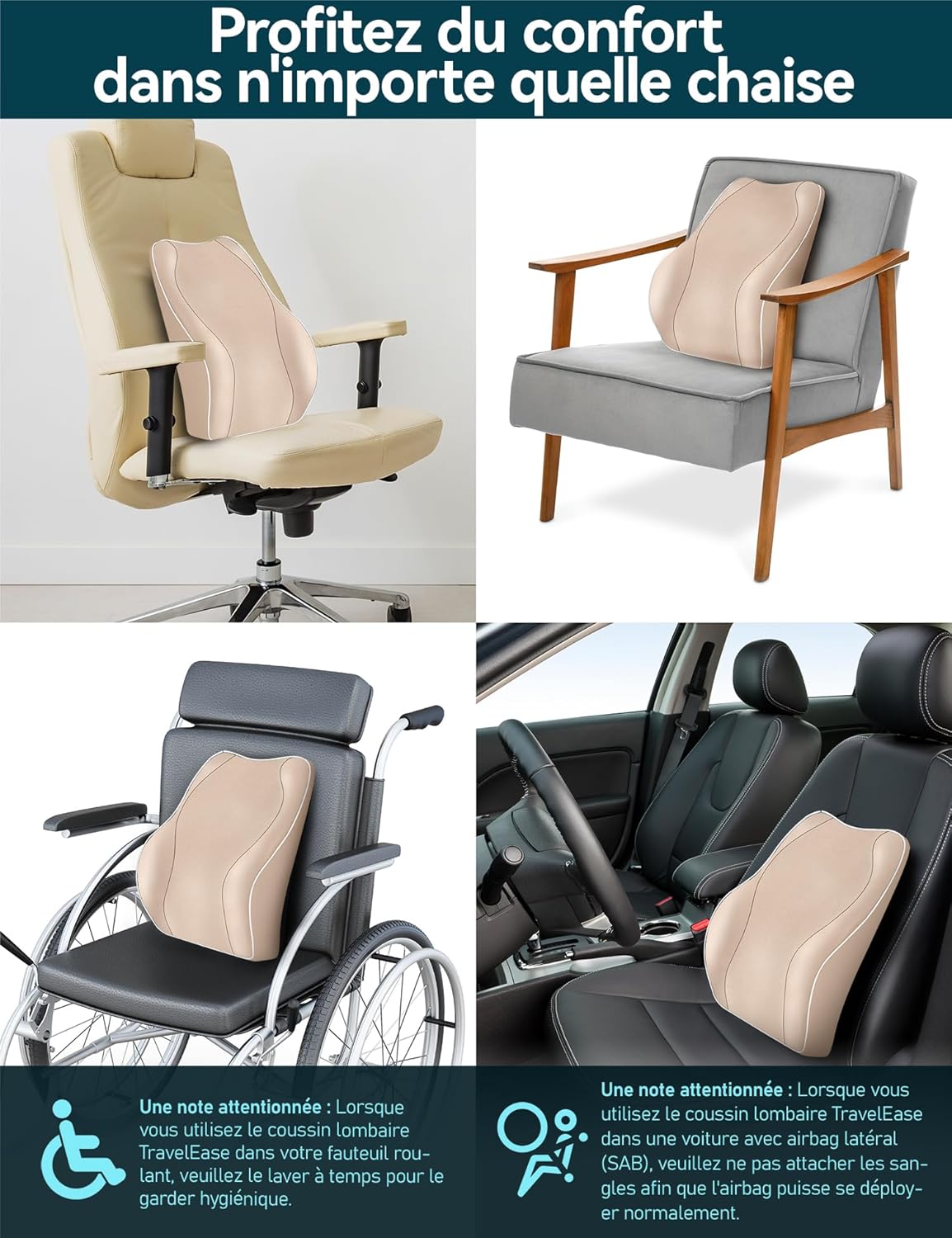 Thumbnail 6 de Travel Ease Coussin de Soutien Lombaire Ergonomique – Mousse à mémoire pour siège de voiture et bureau, dossier beige
