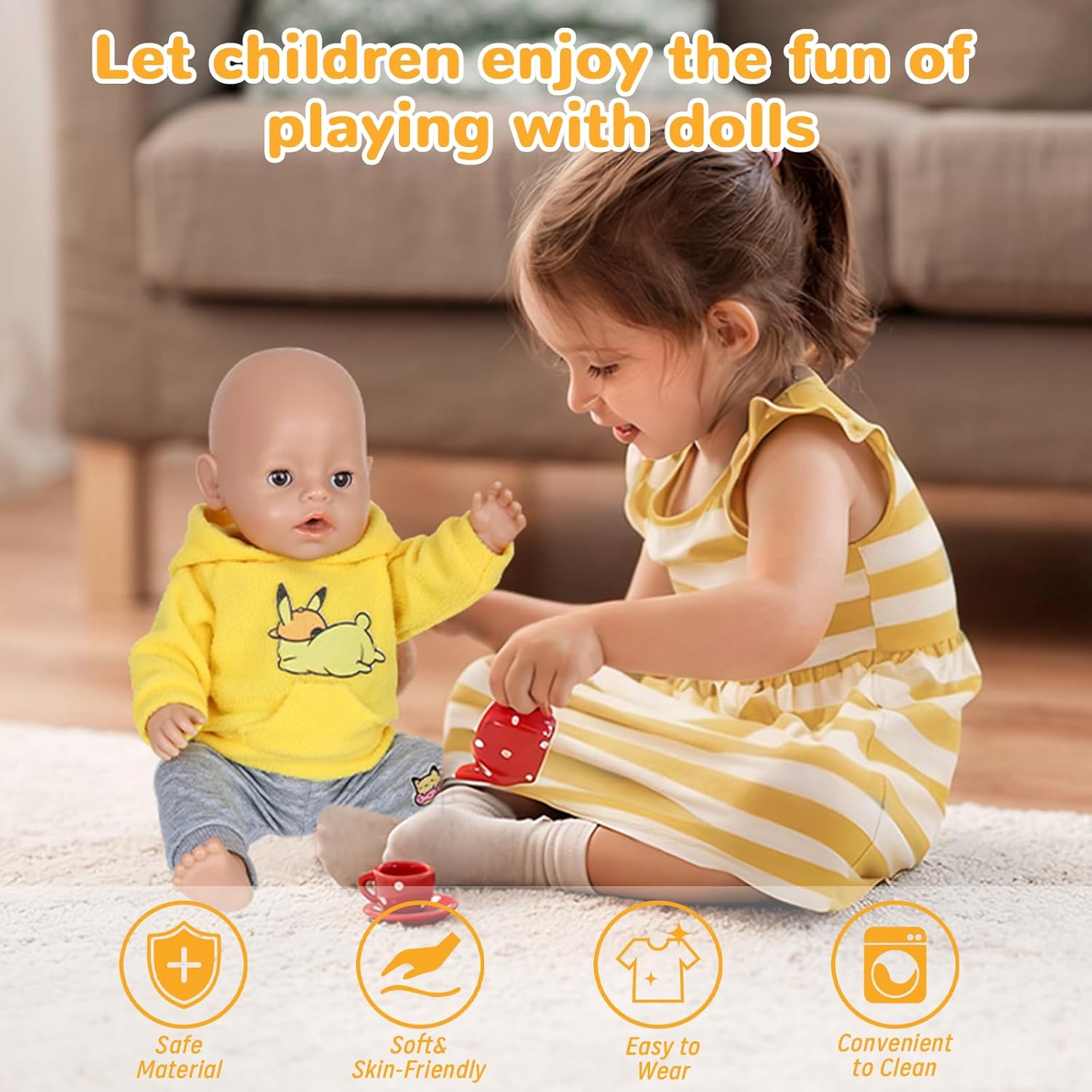 Thumbnail 6 de Orizizhic 5-teiliges Puppenkleidung-Set für Babypuppen (35–43 cm) – gelbe Hose, Jogginghose, Zubehör