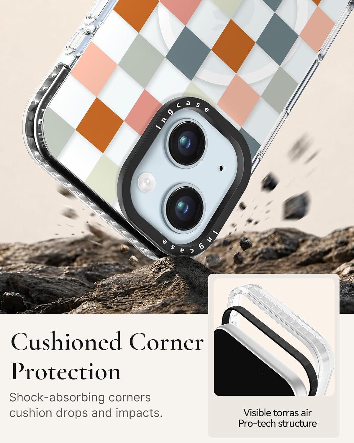 Detalle 1 de Ingcase Pastel Checkered Case for iPhone 15 Plus with Detachable Magnetic Ring Stand