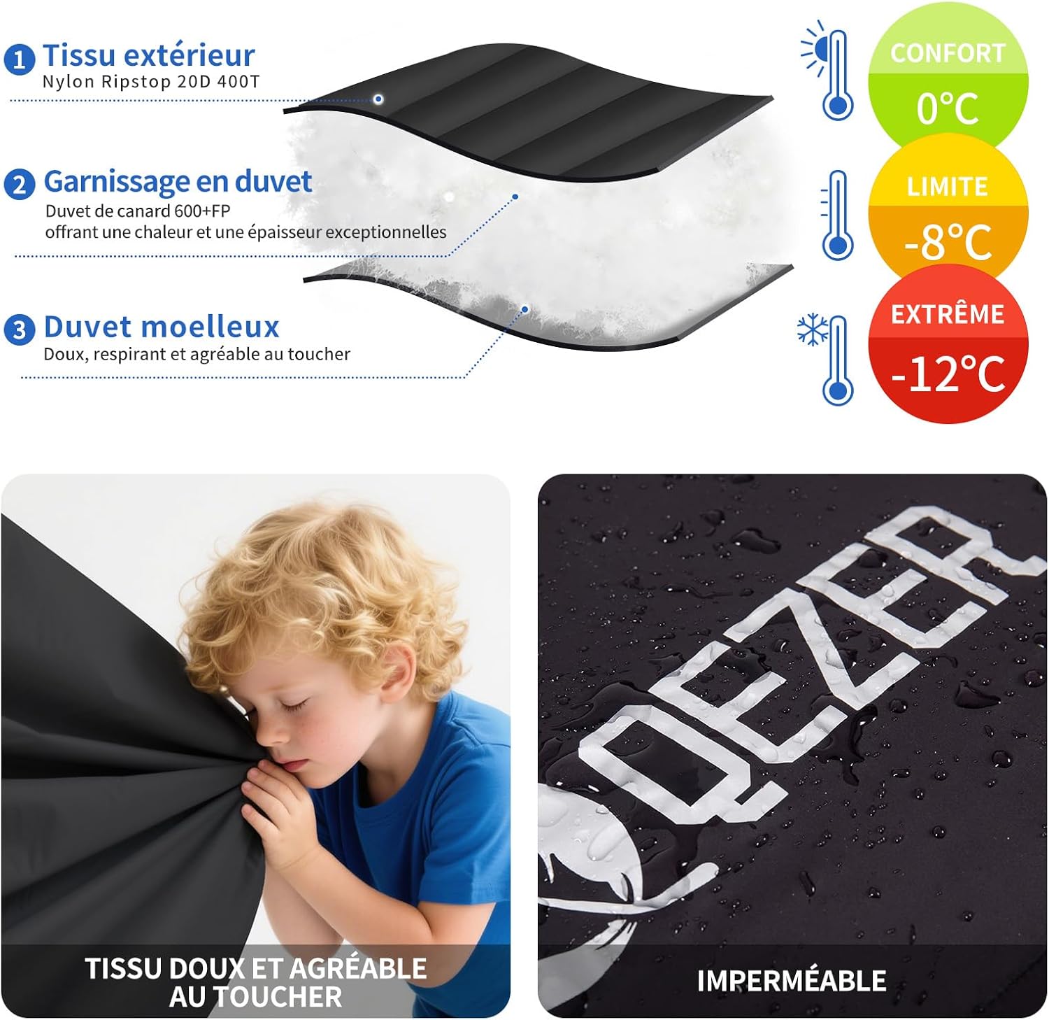 Detalle de QEZER sacco a pelo in piuma invernale 600+ FP: 7℃ ~ -8℃ ~ -24℃, leggero e comprimibile
