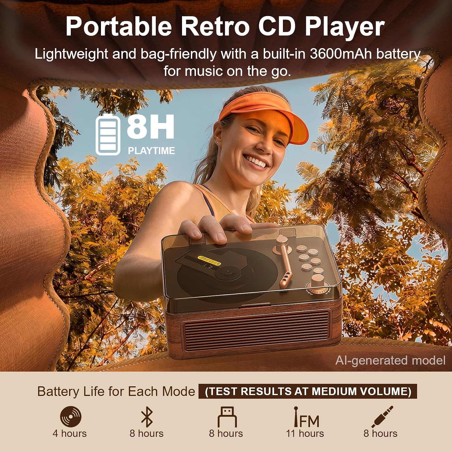 Detalle de Gueray Lecteur CD Bluetooth Portable avec Haut-Parleurs — Design Vintage Bois de Noyer, 3600mAh