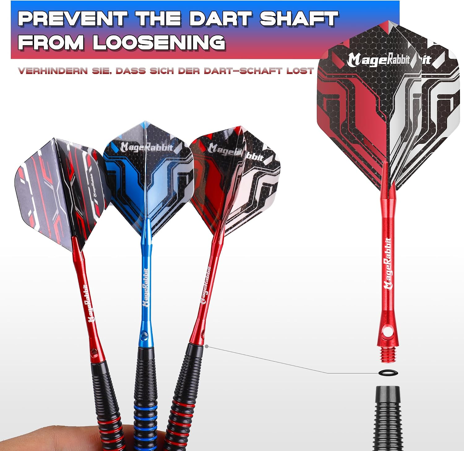 Detalle de MageRabbit Dartpfeile Set 12er Steel Darts, 22 g – Metallspitze, Aluminium-Schaft, 24 Flights + Werkzeug