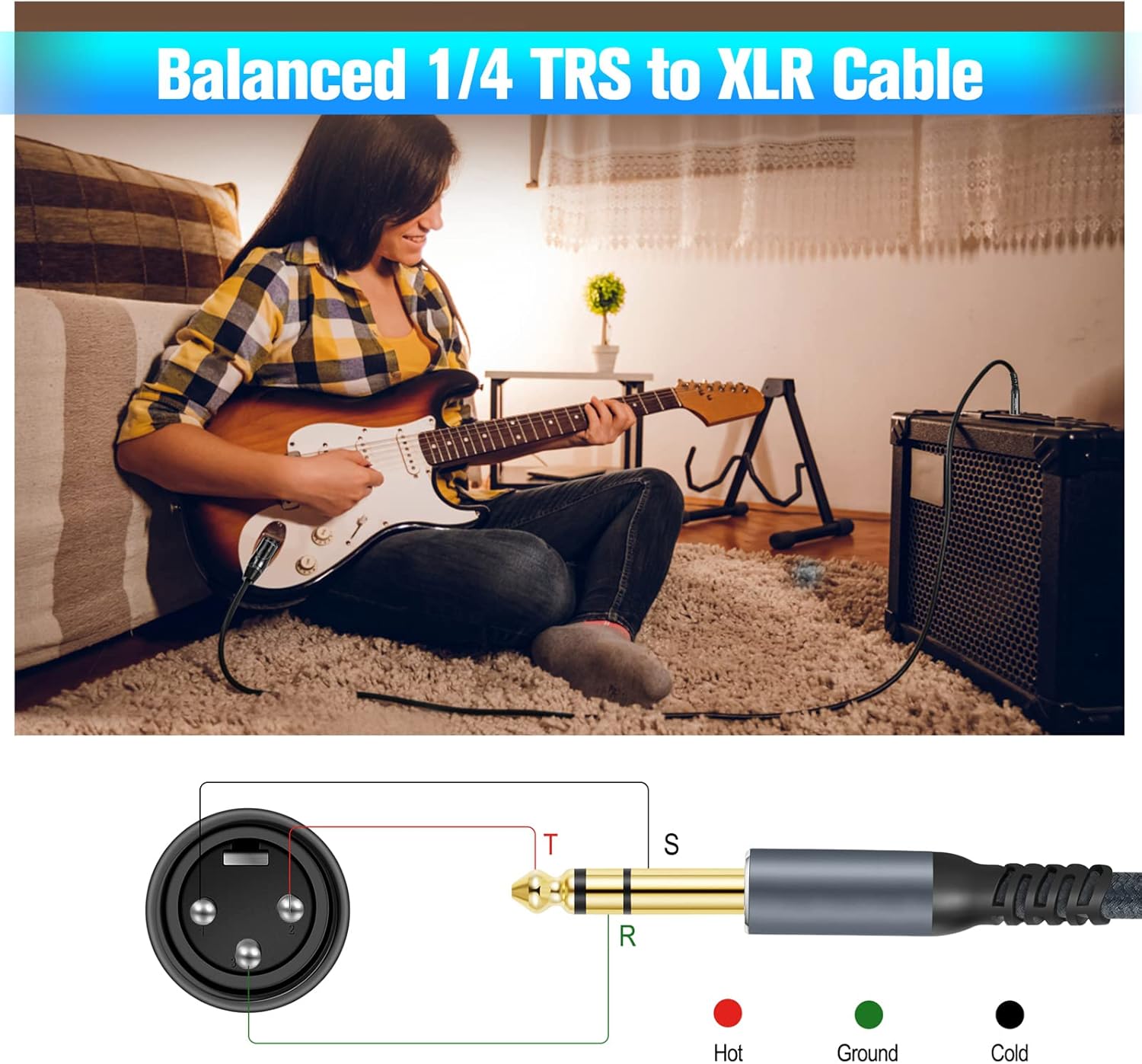 Detalle de Twozoh Klinke 6,35 mm auf XLR Stecker 3-poliges Audiokabel, 1 m – Geflochtenes XLR auf 1/4" TRS Symphony Line
