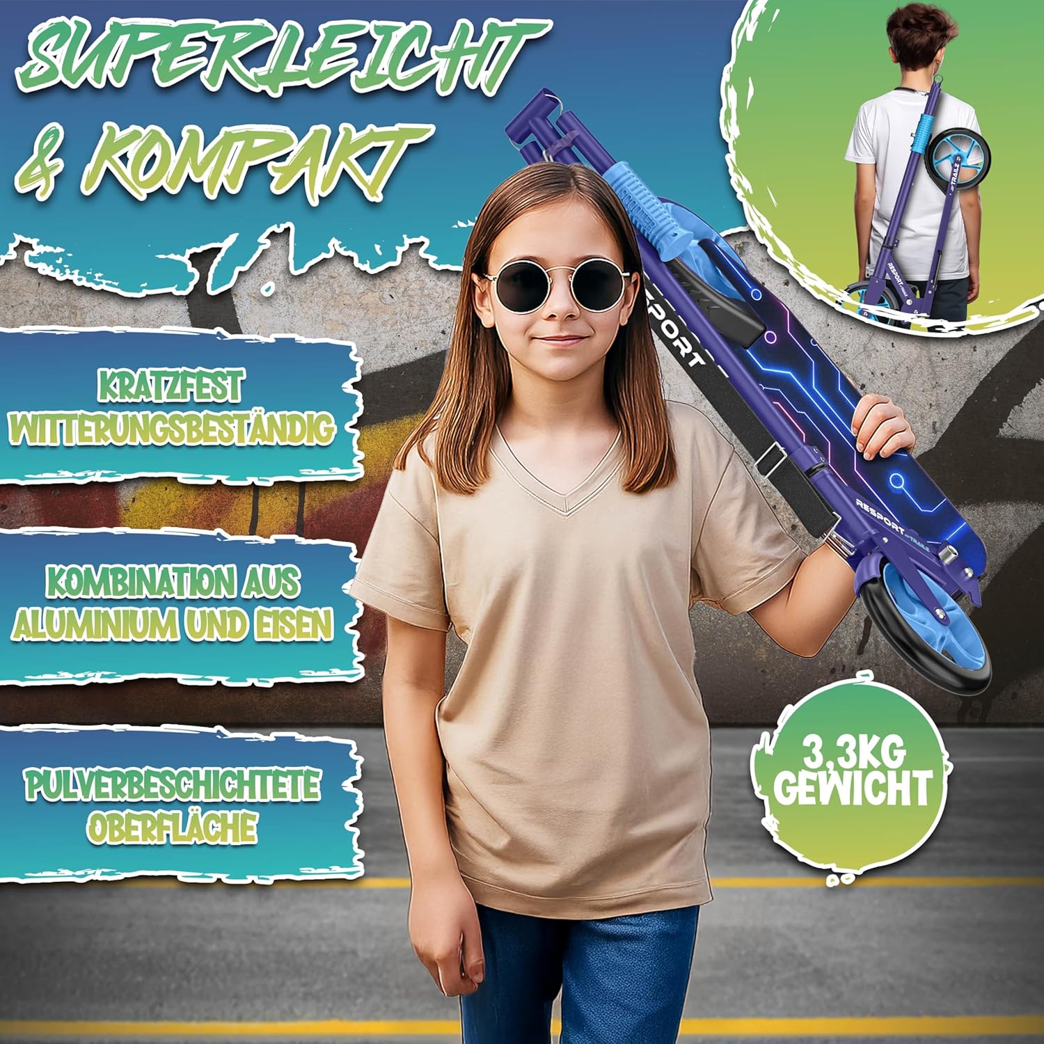 Thumbnail 3 de RE:SPORT Cityroller – höhenverstellbar, klappbar bis 100 kg, Klingel & Tragegurt