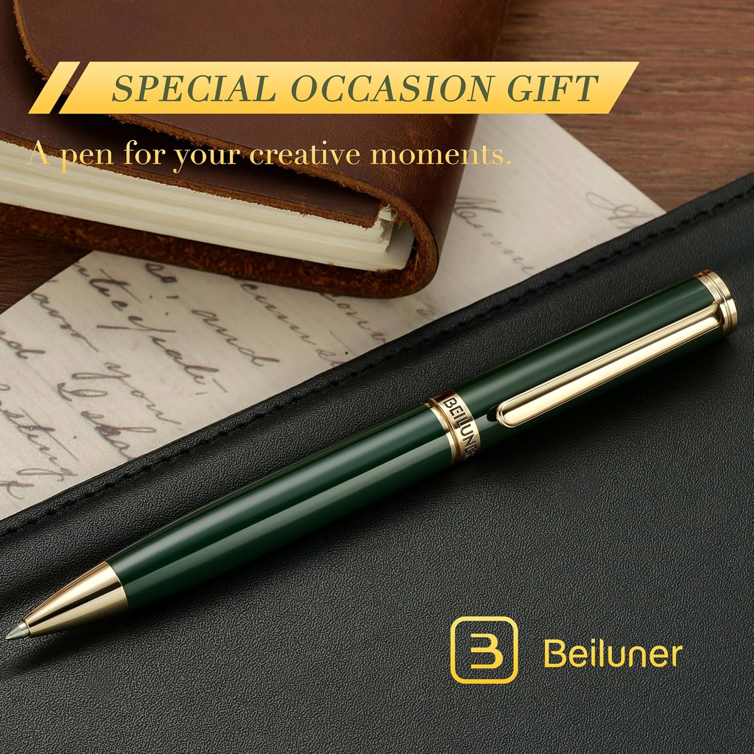 Detalle de BEILUNER Penna a gel lusso con finitura oro 24K e lacca verde piano (set regalo retrattile)