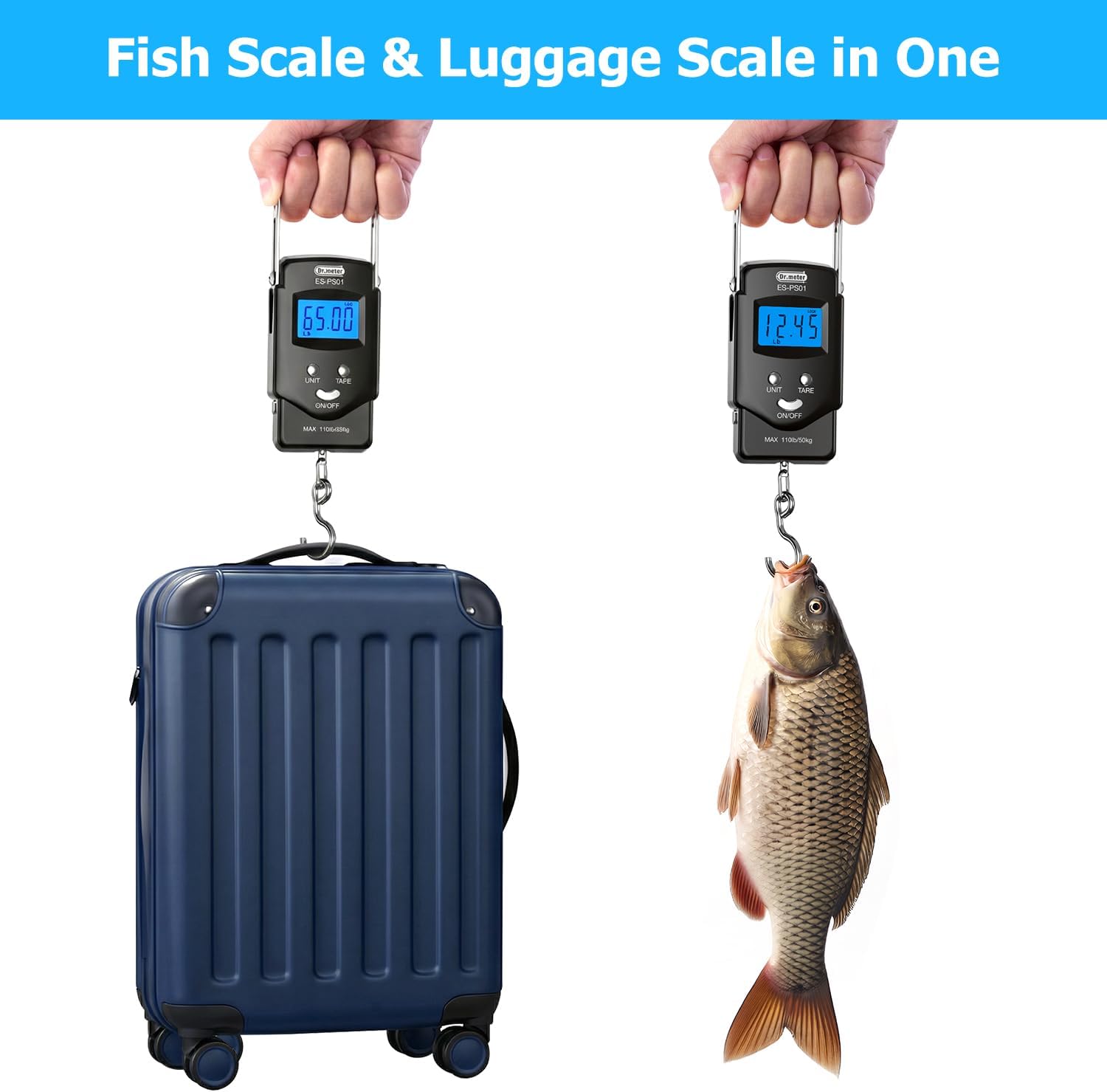 Detalle 2 de Dr.meter Fish Scale Luggage-Style Scale (110 lb) with Backlit LCD, Measuring Tape & Hook