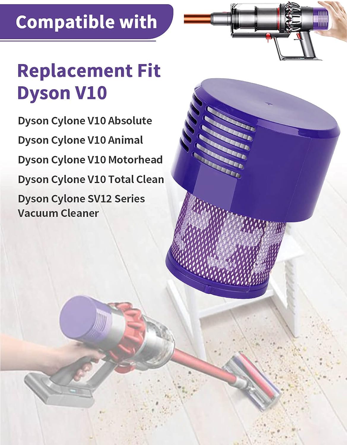 Thumbnail 6 de BONBELONG Replacement Filter V10 for Dyson V10 Series – 2 Pack Washable HEPA Filters
