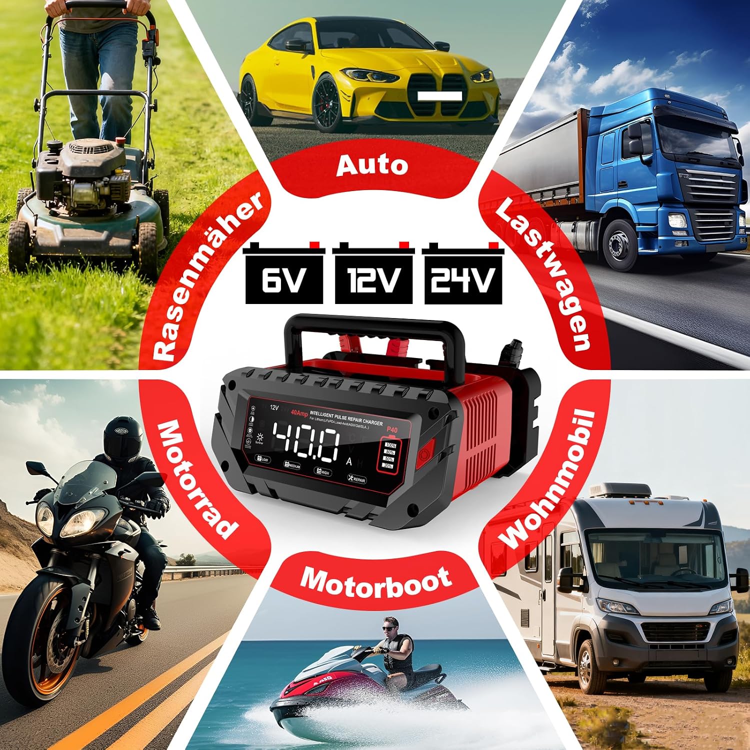 Thumbnail 4 de 40A Autobatterie Ladegerät – 6V/12V/24V LiFePO4 Ladegerät für Auto, Motorrad, Boot und mehr