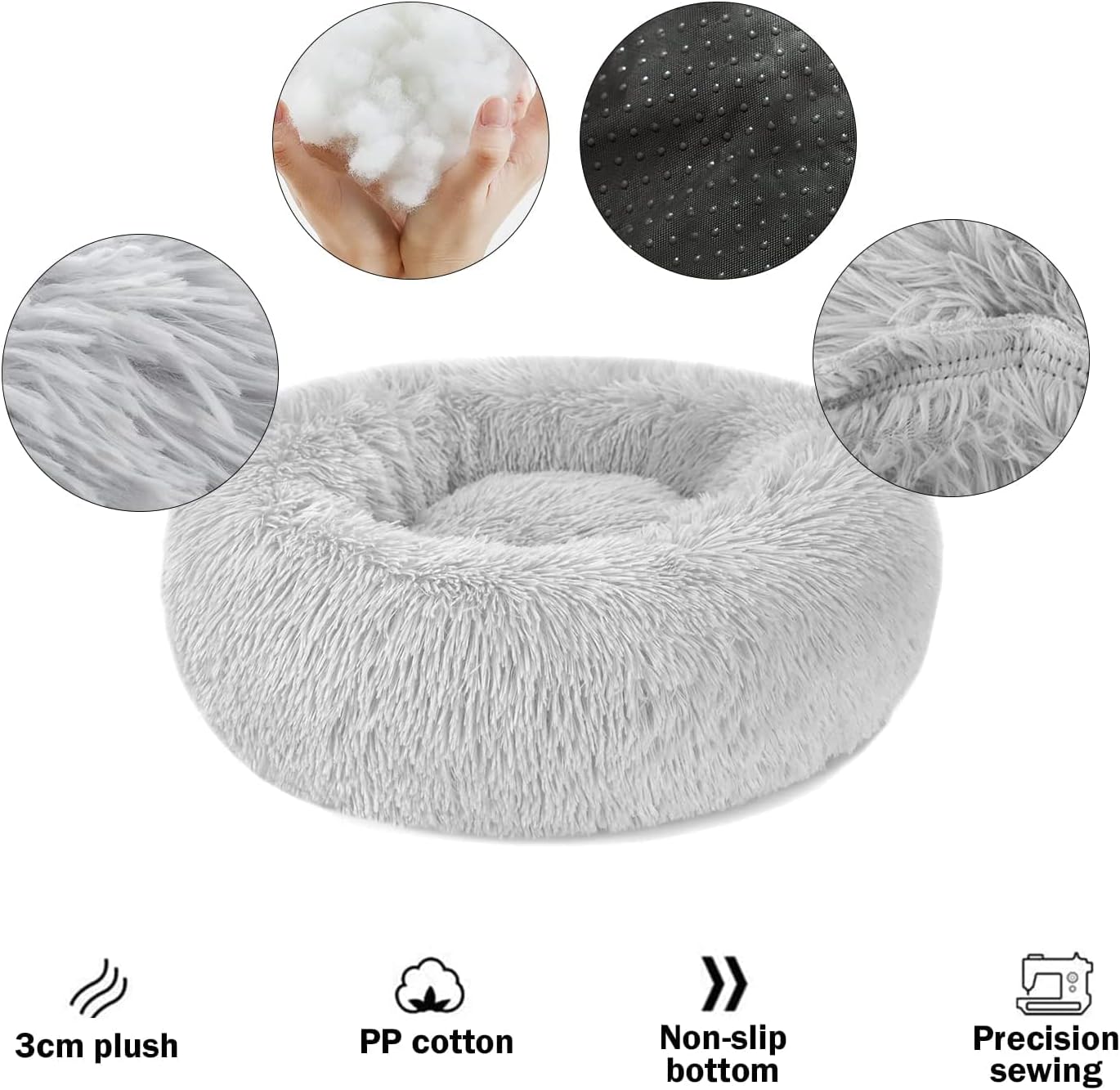 Detalle 2 de Nepfaivy Donut-Hundebett & Katzenbett aus Plüsch (flauschig, waschbar) in Hellgrau – XL ca. 70 cm