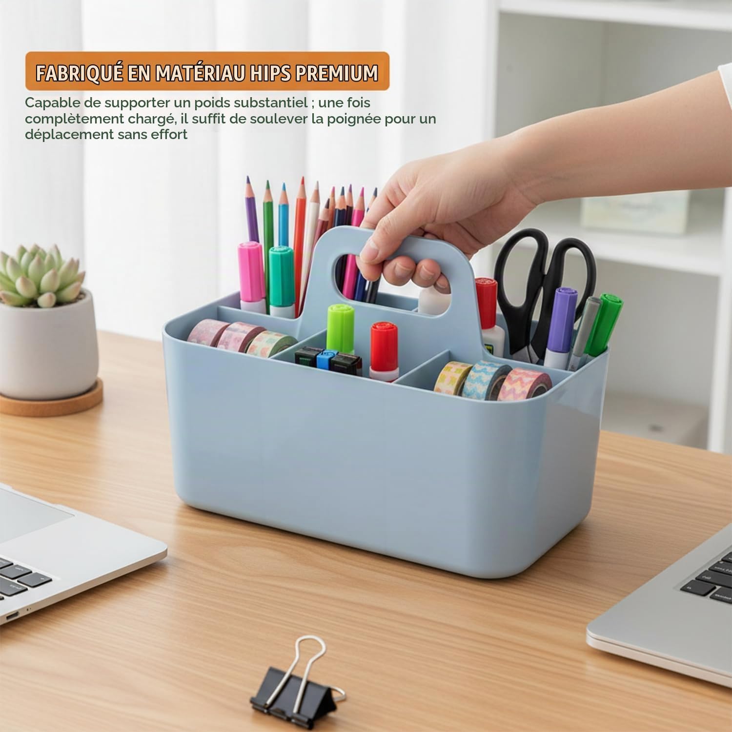 Detalle de OFFASST Storage Box-001 opbergmand, stapelbaar met handvat en 5 vakken