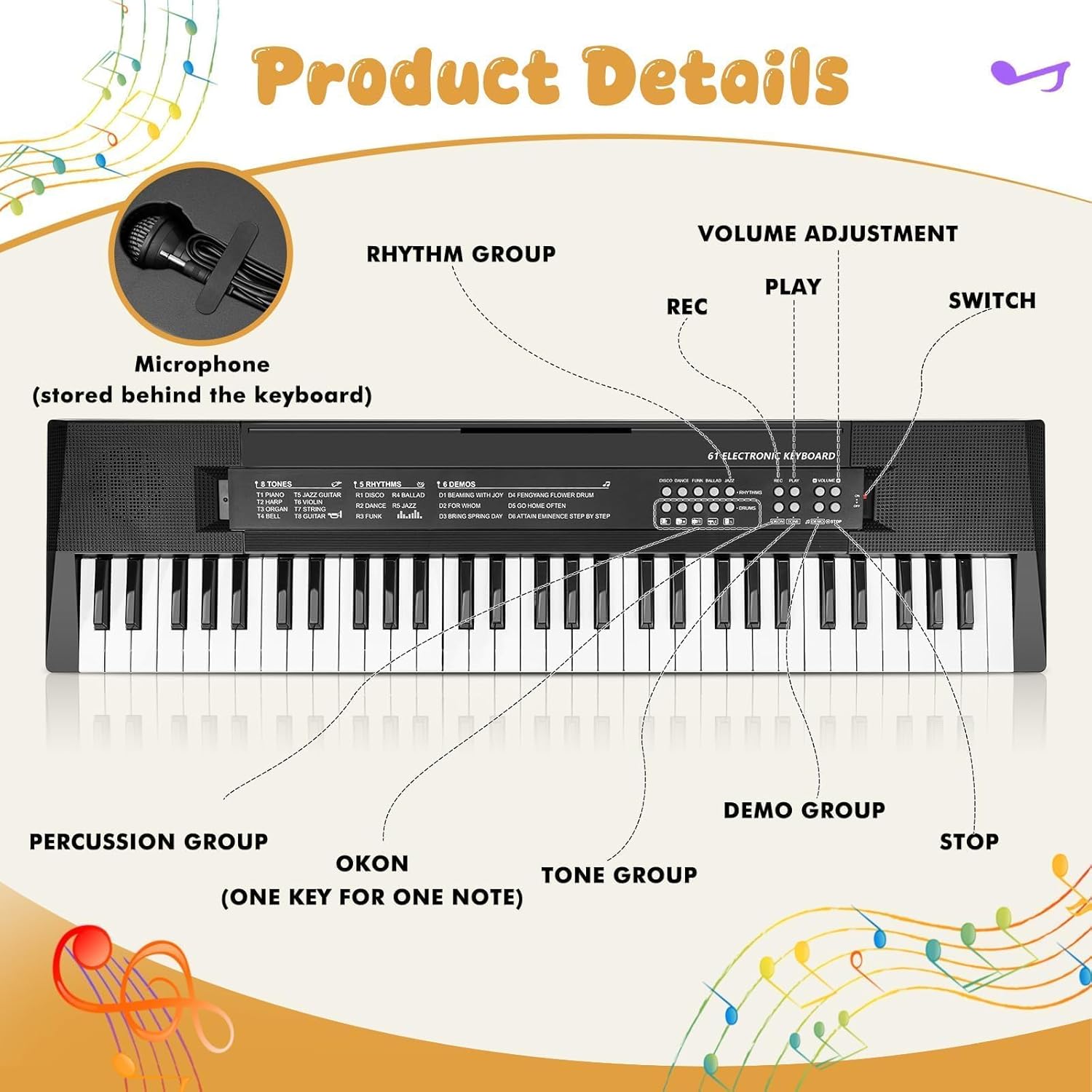Detalle de Bambini Tastiera Pianoforte Giocattolo Pianola con Microfono - 61 Tasti Portatile, Nero