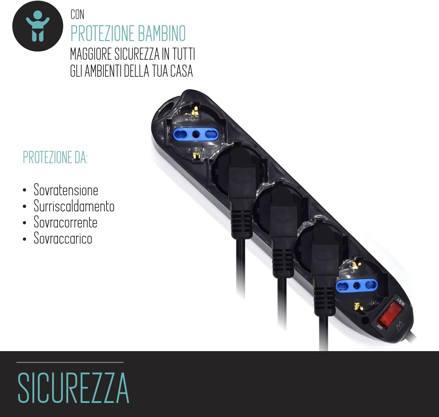 Thumbnail 4 de Multipresa a 5 Posti con Ciabatta Elettrica Angolata 45° e Spina Italiana 10A