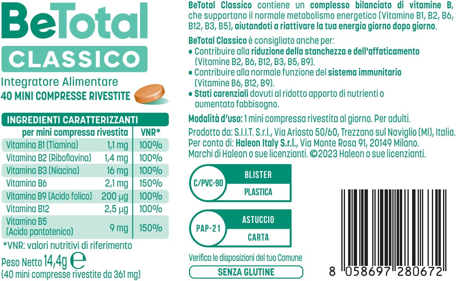 Detalle 1 de Be-Total Compresse Integratore Alimentare con Vitamina B – 80 Mini Compresse