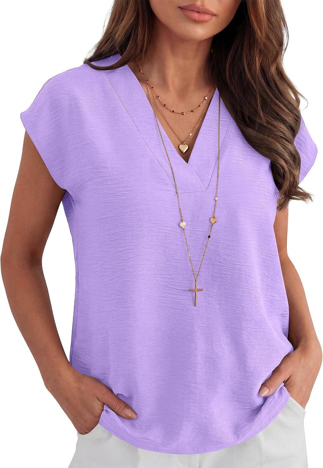 Thumbnail 1 de ANRABESS Women Cap Sleeve V Neck Dressy Casual Blouse – 2026 Summer Workwear