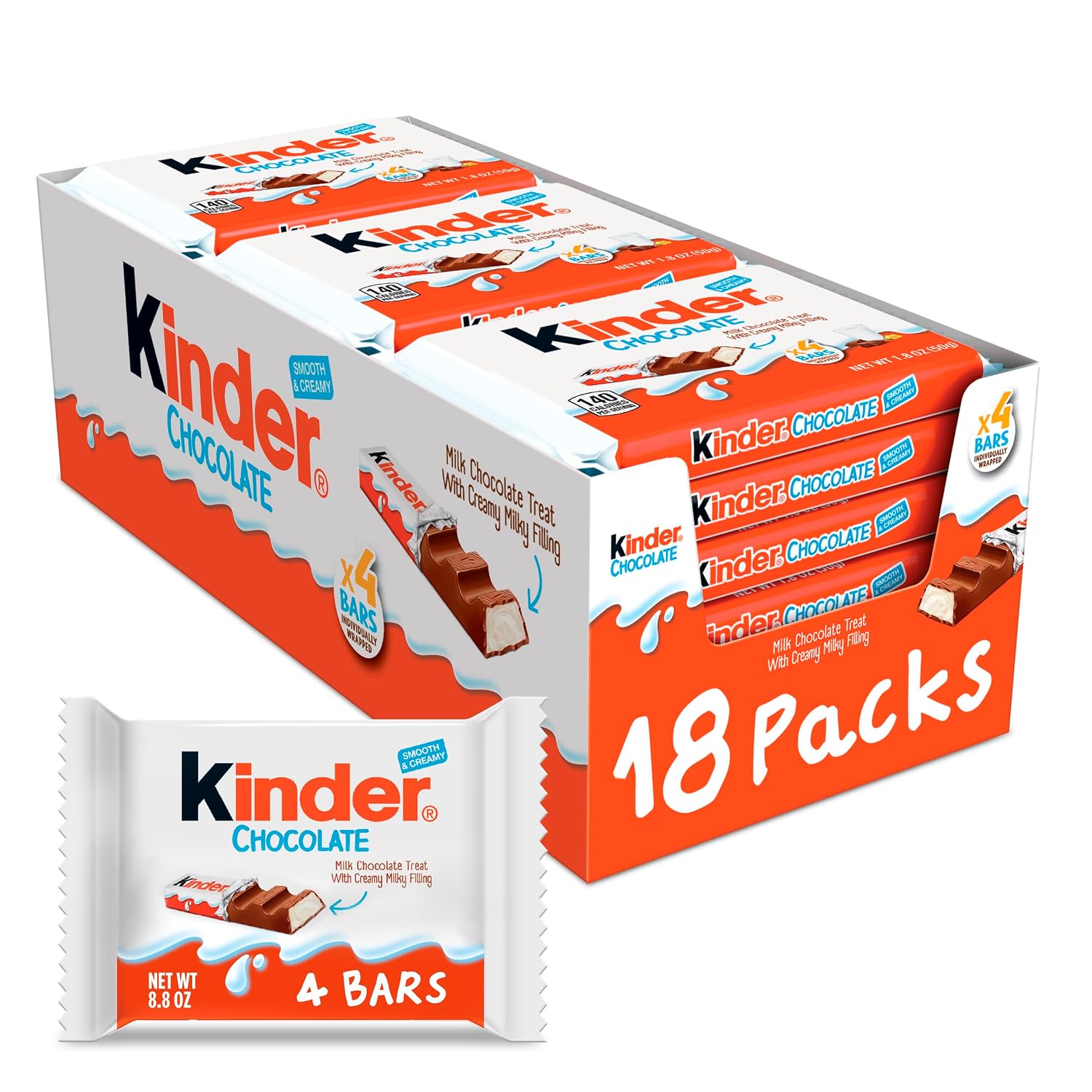 Detalle de Kinder Chocolate 00009800512188 Bars, 18 Four-Count Packs, Creamy Milk Filling