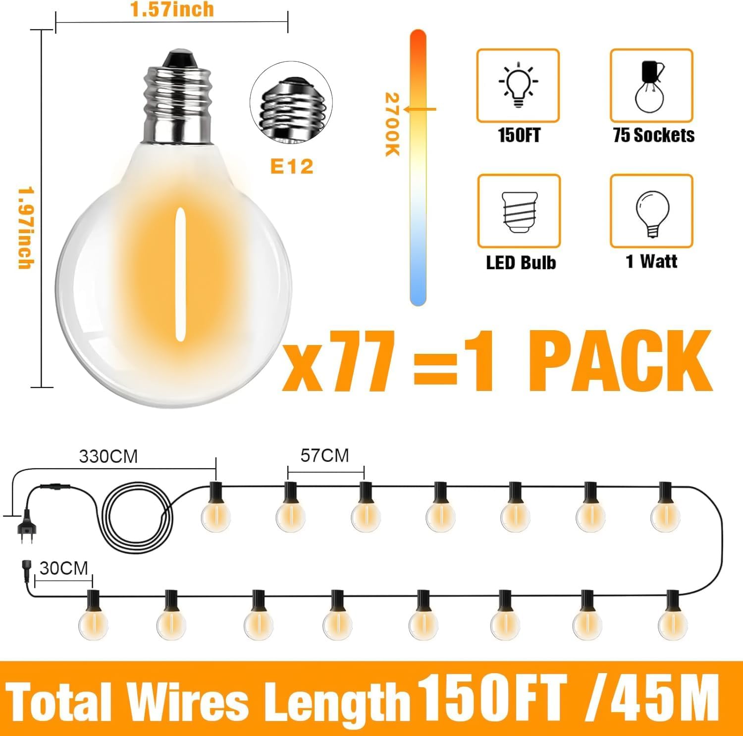 Thumbnail 2 de SUWIN Catena luminosa da esterno da 45 m con lampadine LED, impermeabile IP45