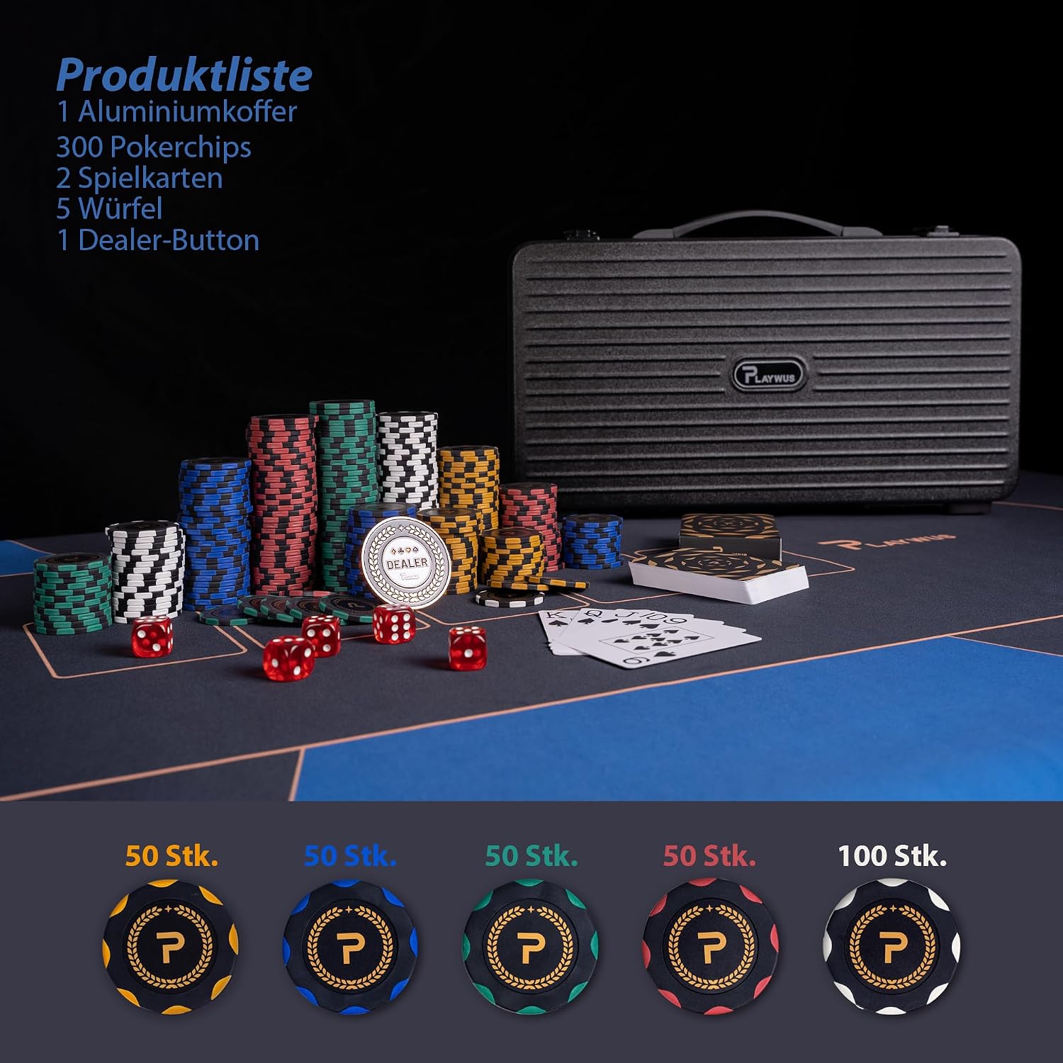 Detalle de PLAYWUS Pokerkoffer mit 500 Laserchips, 2 Pokerdecks & 3 Button – Komplettset im Aluminiumkoffer