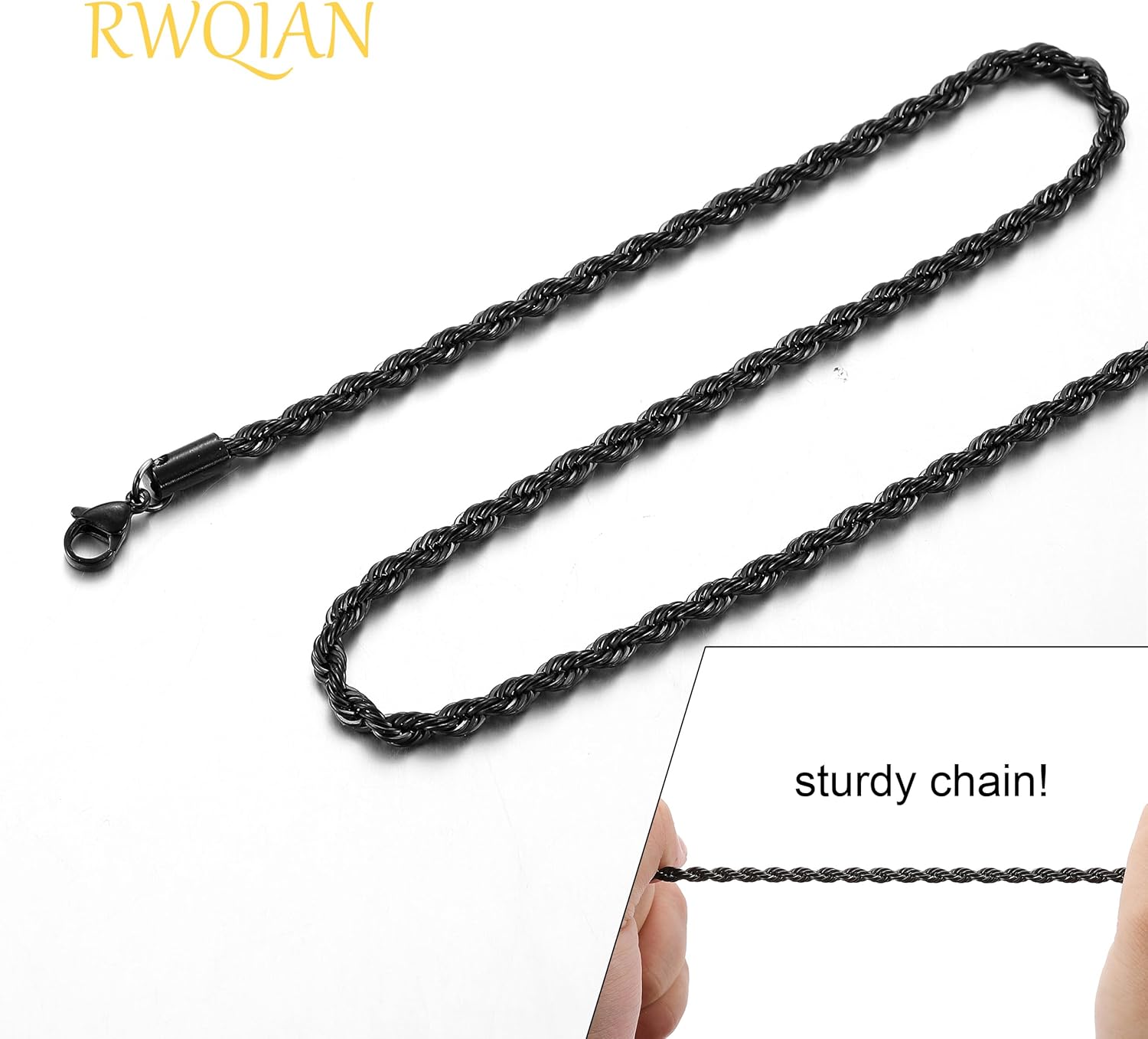 Detalle de RWQIAN Kordelkette Herren Edelstahl Verdrehte Kette 2–4 mm, Silber/Gold/Schwarz | 45–70 cm