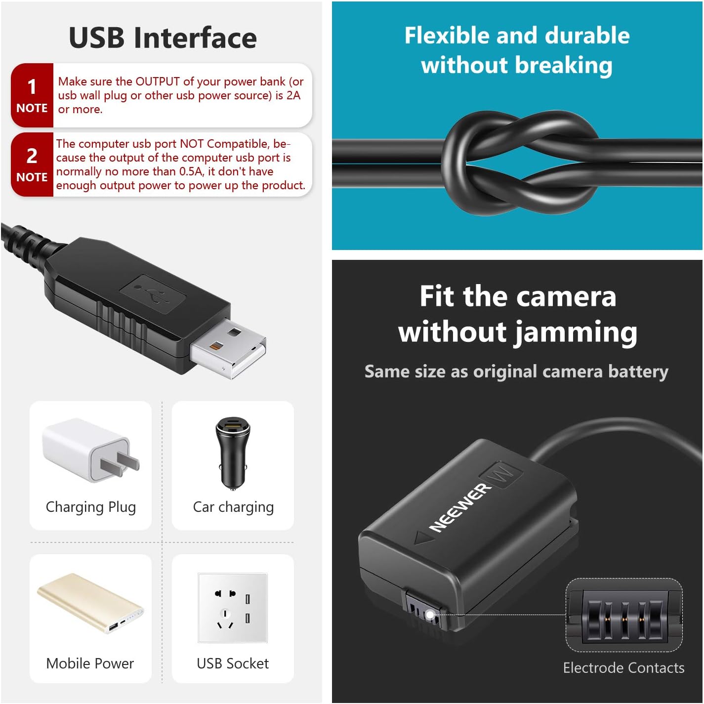 Detalle 2 de NEEWER DC Accoppiatore di ricambio per batteria NP-FW50 con alimentazione USB (5V-2A) per fotocamere Sony A7/A6500/NEX