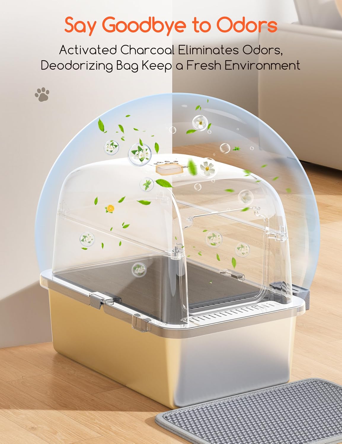 Detalle de MeoWant litière XXL fermée en acier inoxydable (forme en U) avec bac amovible, pédale, pelle et tapis antidérapants