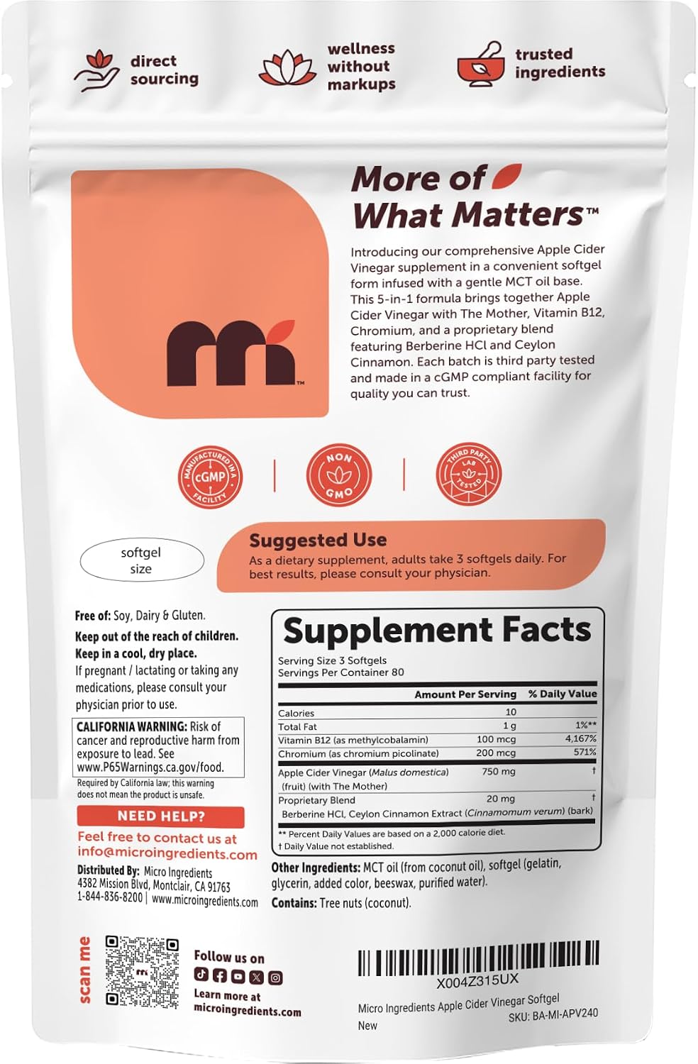 Detalle 2 de Micro Ingredients Apple Cider Vinegar Softgels 750 mg