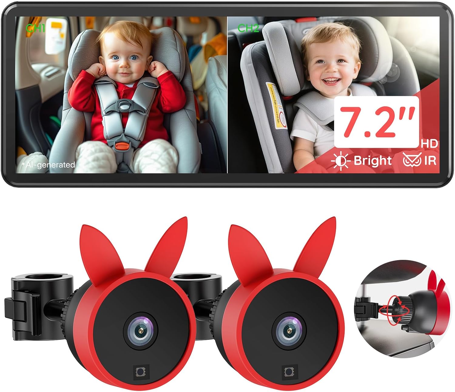 Detalle de Babyvue BV3 PRO Dual Baby Car Camera, 7.2-Inch 1080P Split Screen