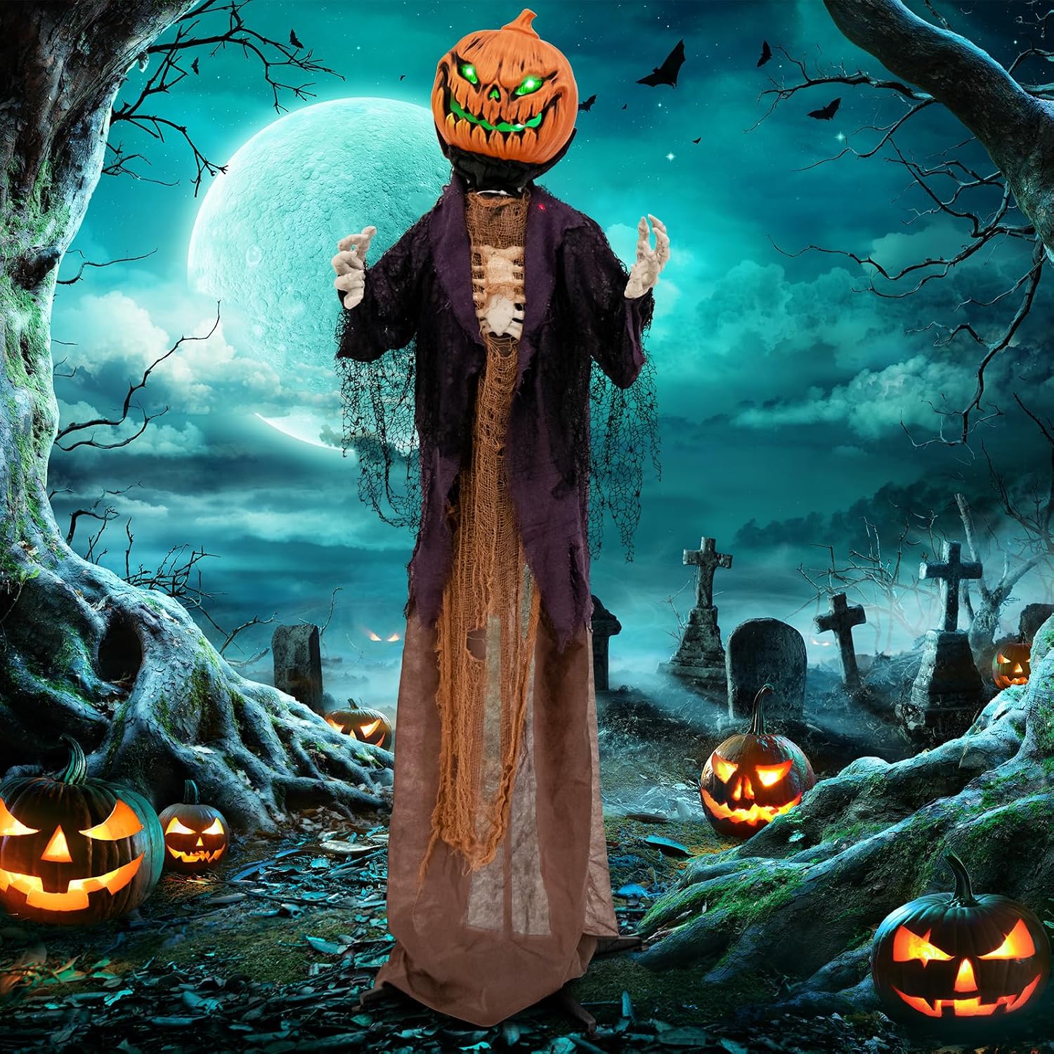 Detalle de Tangkula AM7608HM 5.6-Ft Animated Pumpkin Scarecrow with Green Eyes