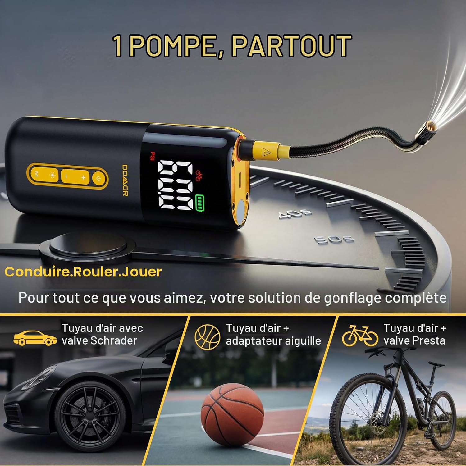 Detalle de DOMOR elektrische minifietspomp met automatische stop en ledlicht
