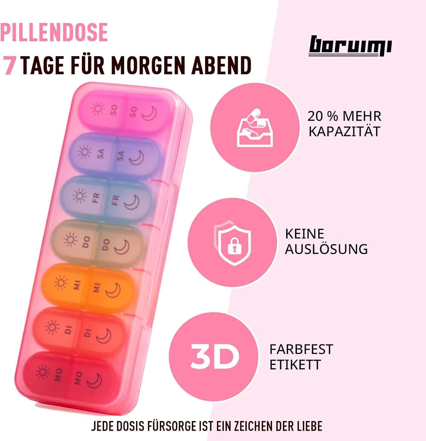 Detalle 2 de Doruimi Tablettenbox 7 Tage Morgens Abends – BPA-frei, kompakt und belastbar in Rosa