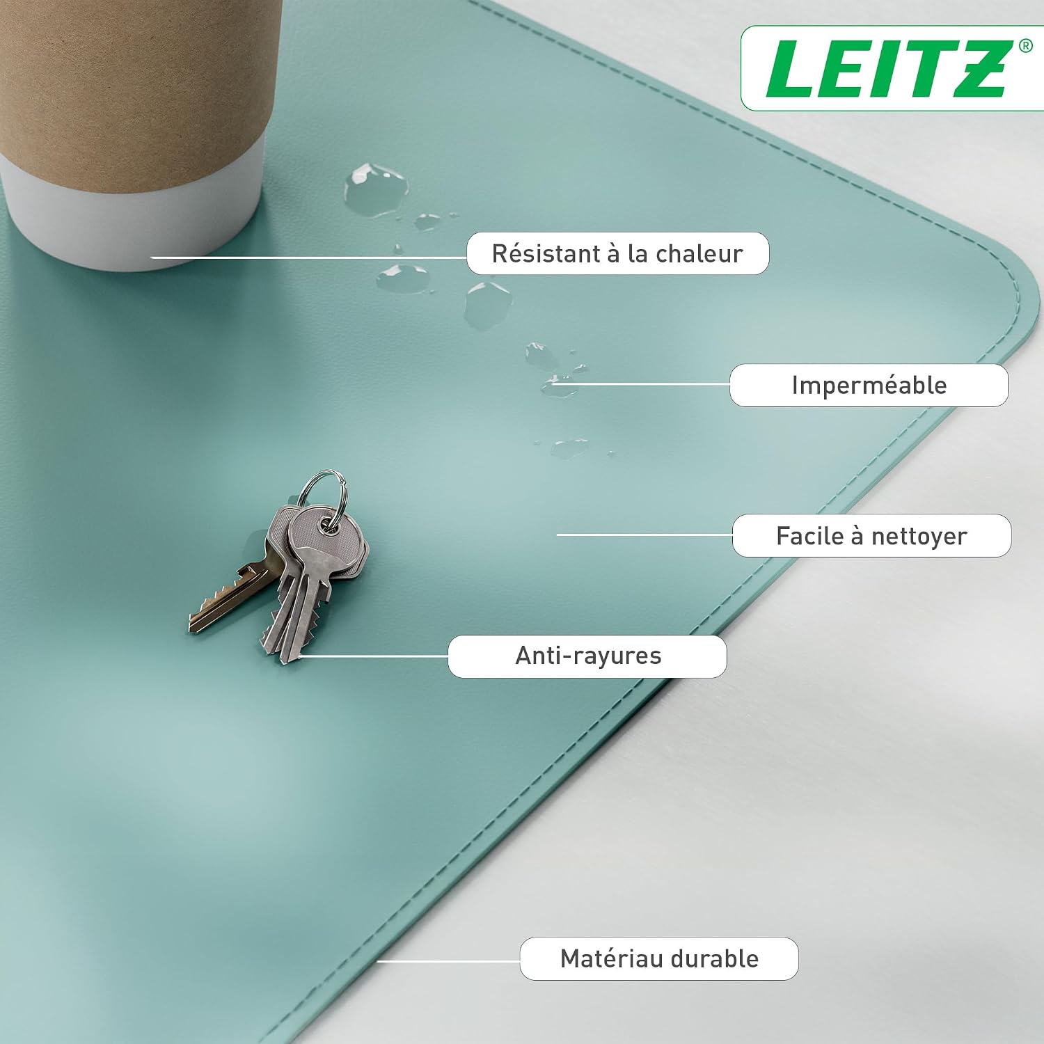 Detalle de Tapis de bureau grand format Leitz - Sous-main imperméable 80x40 cm, antidérapant et résistant, menthe
