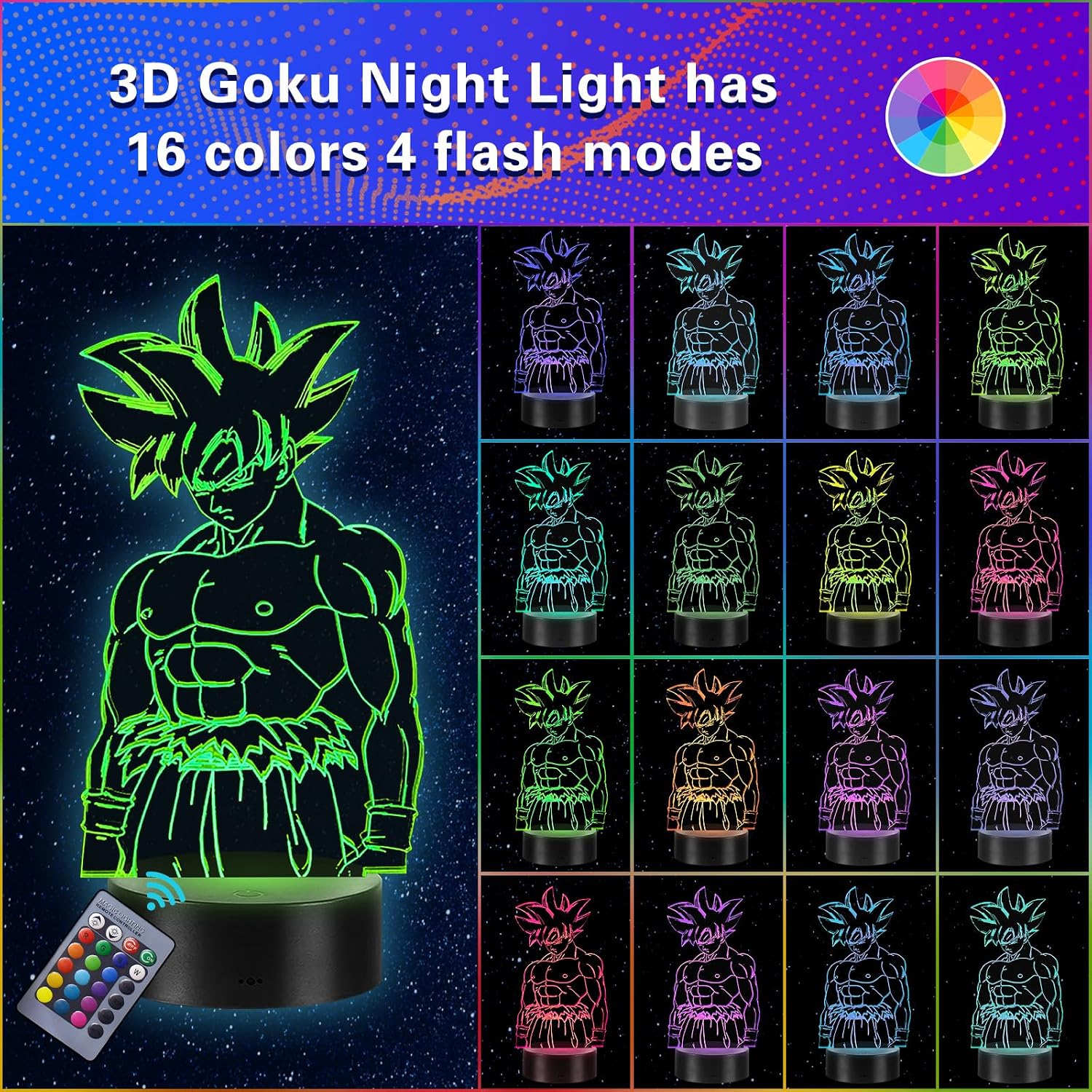 Detalle 2 de Eygerur Lampe Goku 2-en-1: Veilleuse 3D LED Illusion pour Enfants avec Télécommande et 16 Couleurs