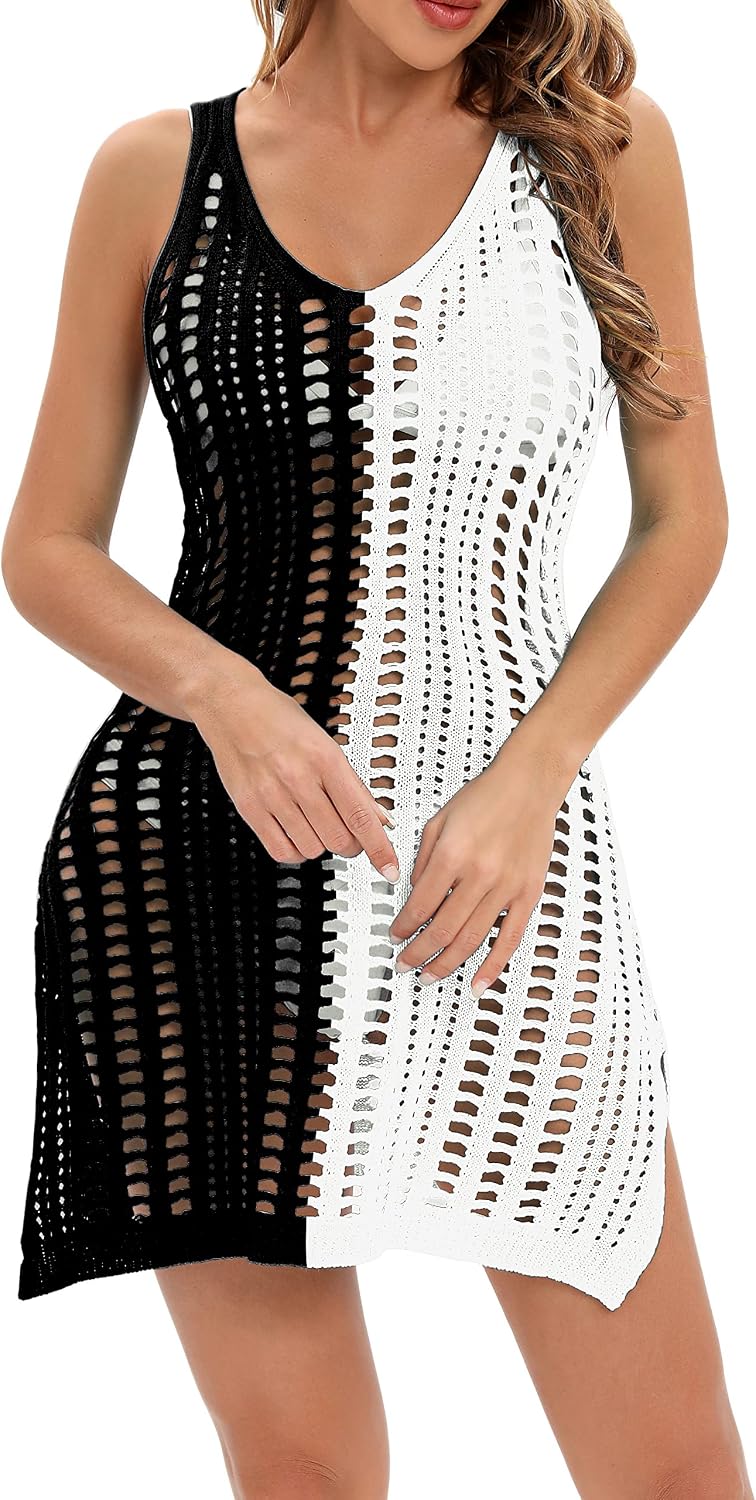 Detalle de Timuspo Bikini Cover Up Damen Ärmellos Strandkleid – Häkelkleid mit V-Ausschnitt und Seitenschlitz