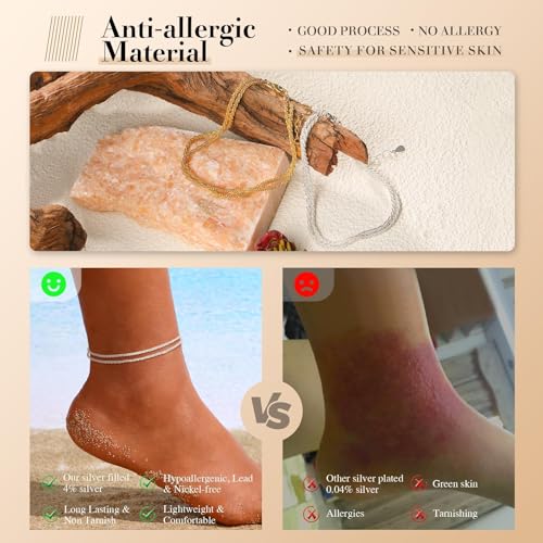 Thumbnail 4 de Kenivira Sterling Silver Anklets: Dainty Layered Waterproof Adjustable Beach Anklet for Women