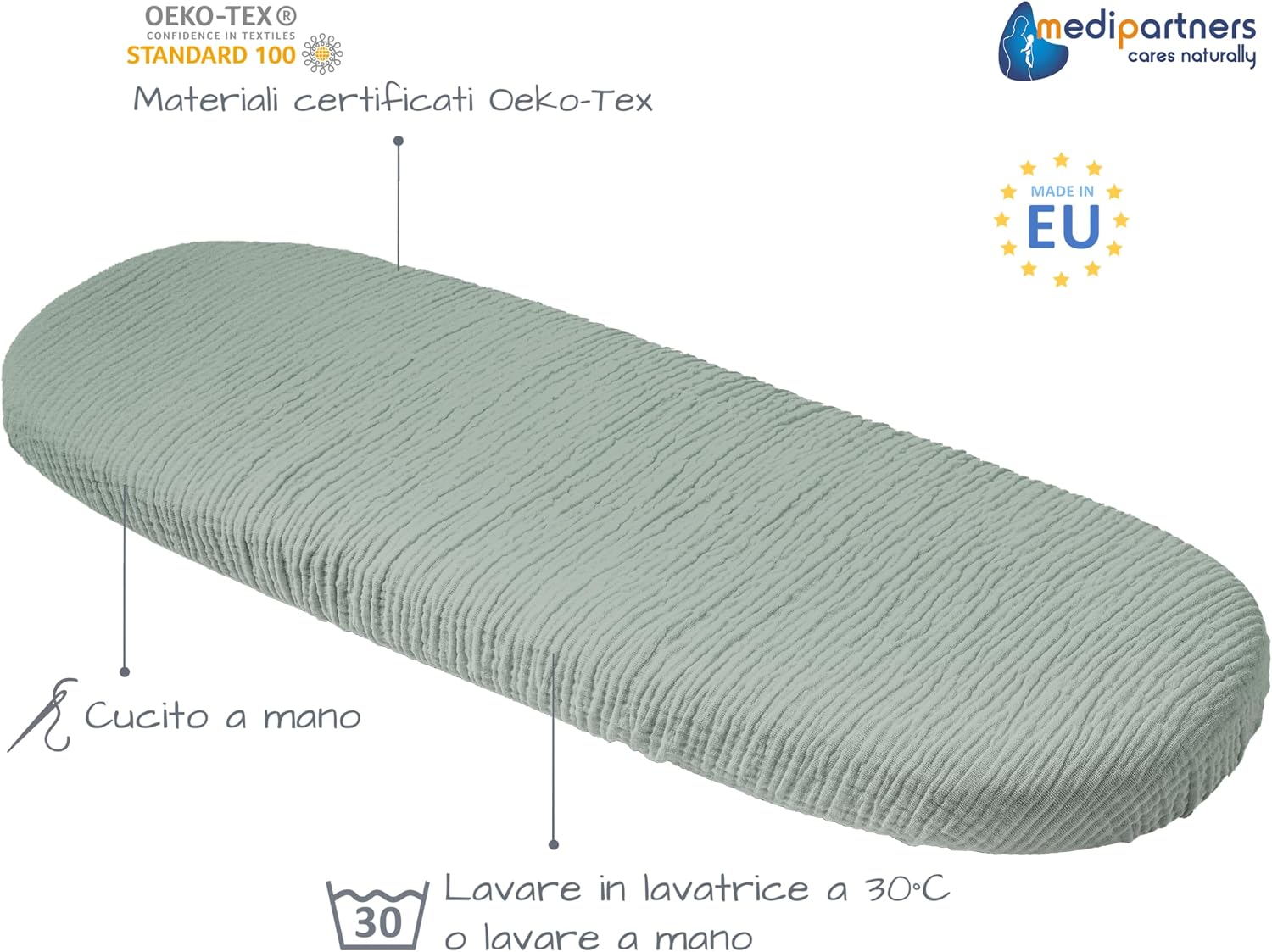 Thumbnail 3 de Medi Partners Lenzuola Lettino Culla 86x40 Set 3 - Lenzuolo Navicella Neonato Cotone Mussole 100% (Oliva-Bianco-Grigio)