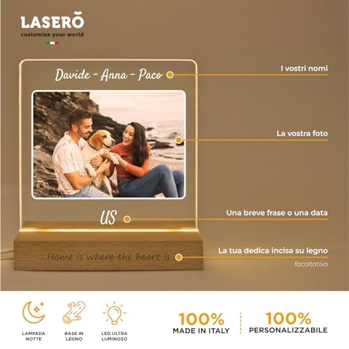 Detalle de LASERO' Lampada con Foto Personalizzata - Stampa UV su Plexiglass con Base in Legno, LED Caldo e USB | Regalo Unico