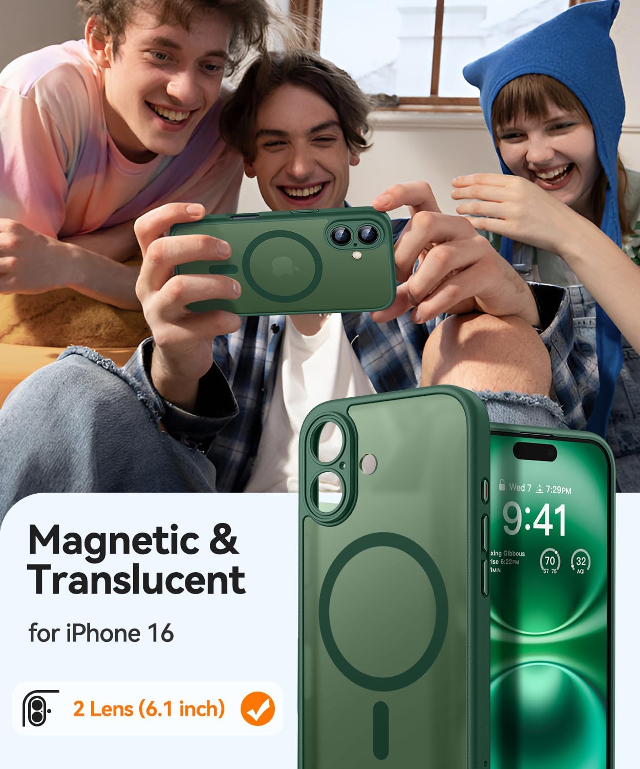 Thumbnail 1 de CANSHN Coque Magnétique pour iPhone 16 (6,1") – Vert Foncé, protection caméra renforcée et finition mate