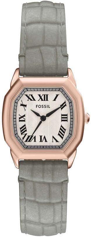 Detalle de Fossil Harlow Damenuhr – Roségold, Quadrat-Design, Quarz-Dreizeigerwerk, graues Lederarmband