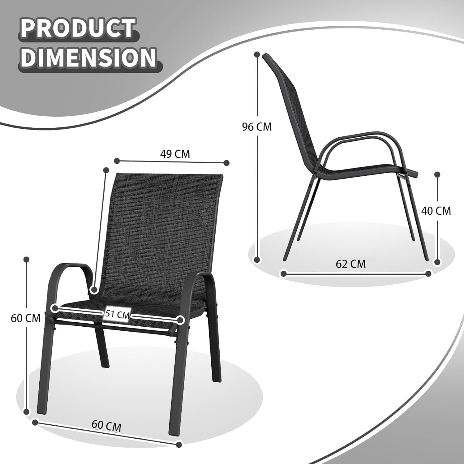 Detalle de UDPATIO Set di 6 Sedie da Giardino Impilabili Nero – Textilene, Schienale Alto e Braccioli (62 x 67 x 96 cm)