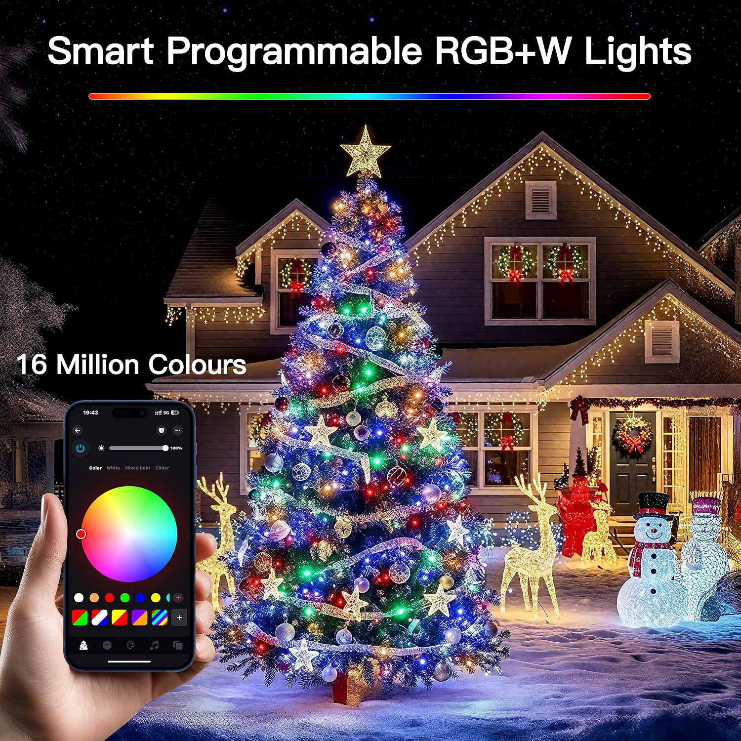 Thumbnail 1 de Ollny Smart RGB+W 20m 200 LED Fairy String Light – Outdoor/Indoor, App & Music Sync