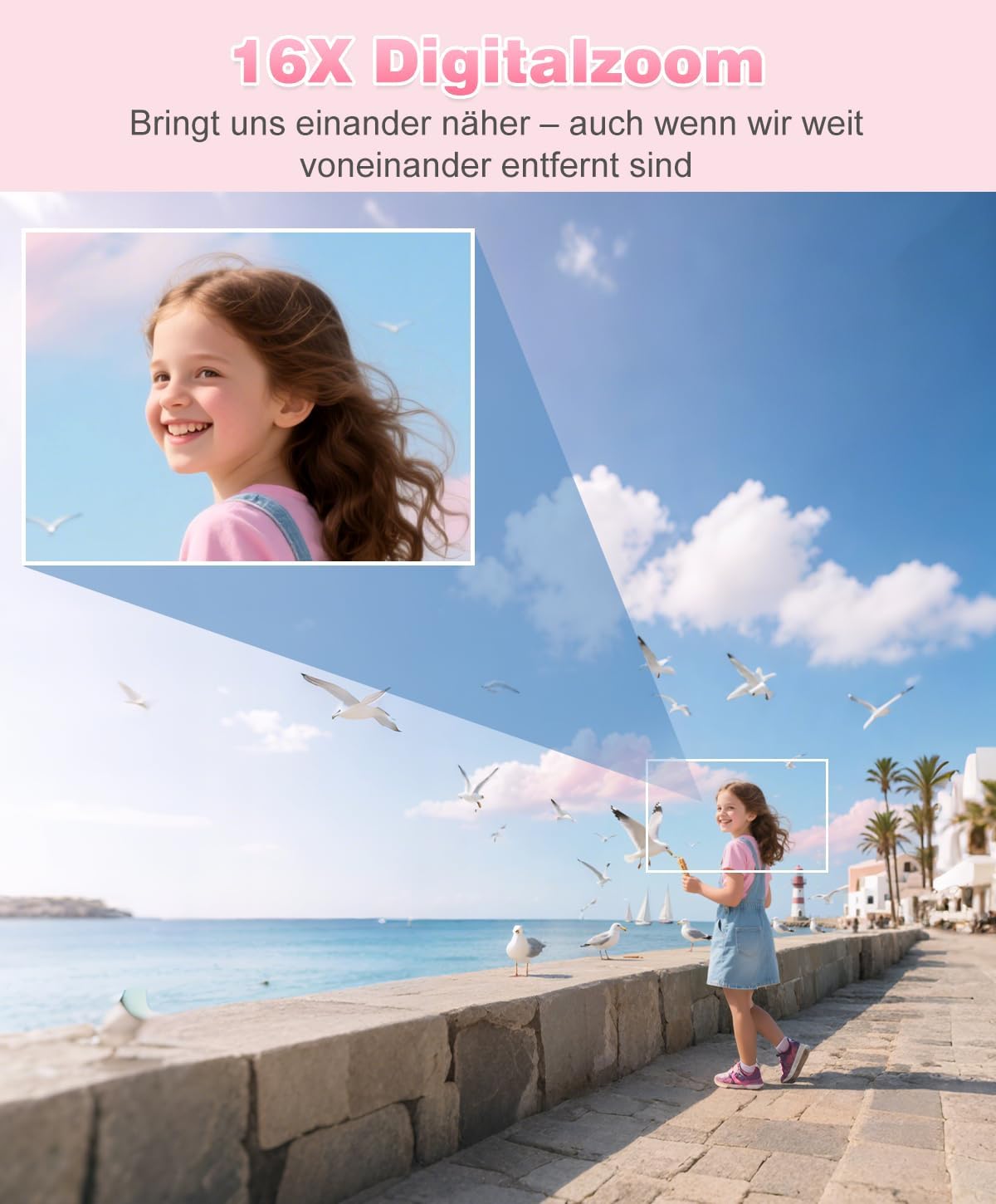 Thumbnail 4 de Digitalkamera 50MP mit 1080P Video, 16× Digitalzoom und 2,4" Bildschirm (Rosa) – Mini-Kompaktkamera für Kinder & Teenager