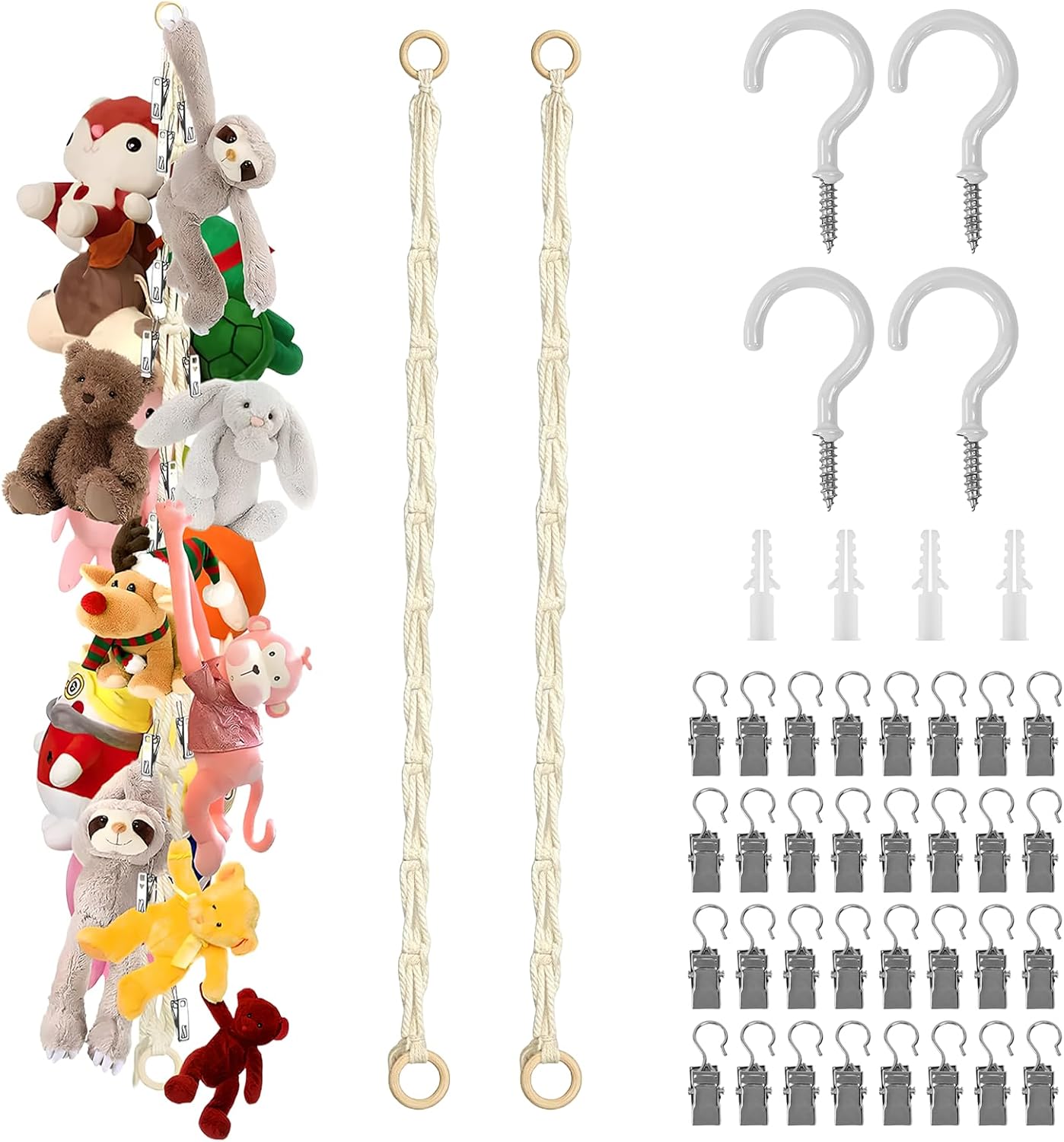 Vurixfo 2 Pcs Teddy Toy Hammock – 2m Plush Toy Storage with 40 Metal Clips
