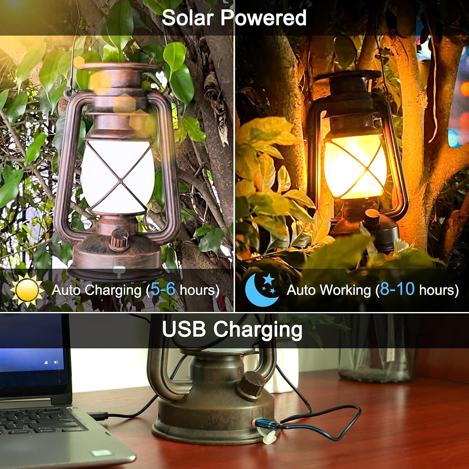 Thumbnail 2 de Solar Lantern Outdoor Hanging Solar Lights Flickering Flame LED Vintage Lantern (2 Pack) with Auto On/Off & Remote